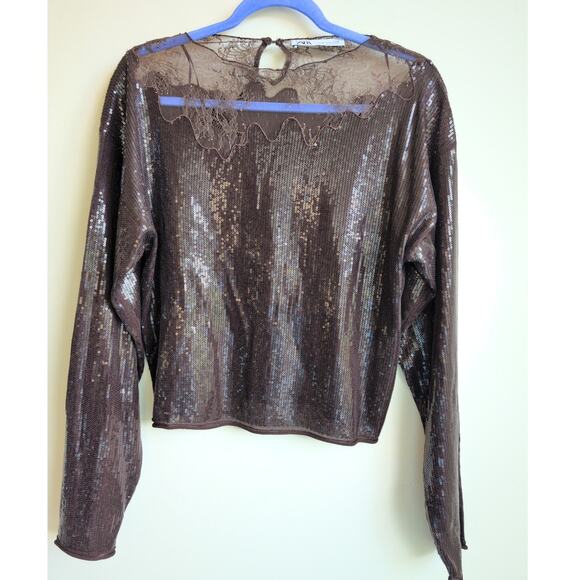 Zara Chocolate Sequin Lace Trimmed Top size M - Blogger Fav - Picture 2 of 7